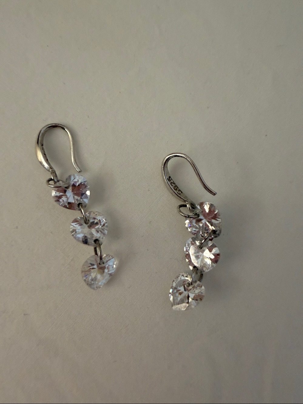 Sterling Silver Dainty Triple Heart Drop Earrings in Silver with Clear Stones